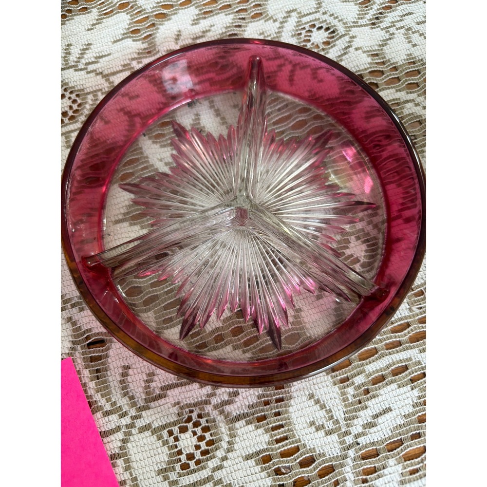 Vintage Cranberry Glass Divided Relish Dish Starburst Clear Base Round 6.5 Inch